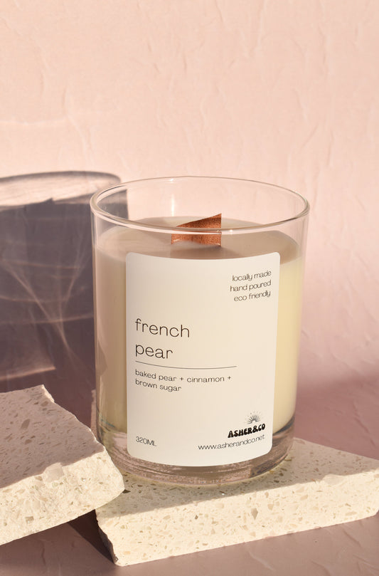french pear coco + soy wax candle